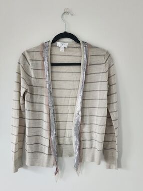 LOFT Womens Cream Striped Open Wool Blend Cardigan with Sequin Trim Small Petite